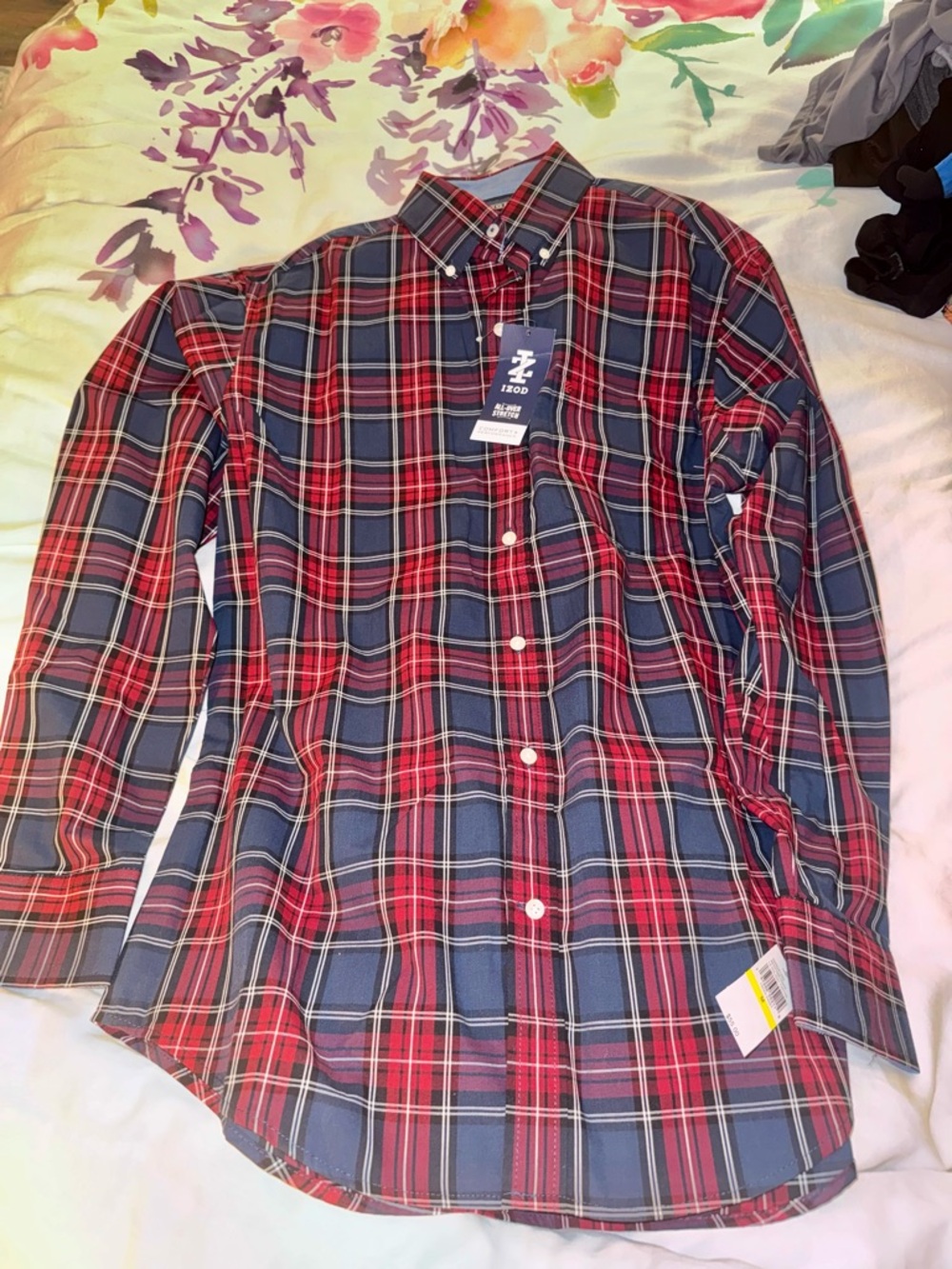 Izod Red and Navy Plaid Button-Down Shirt